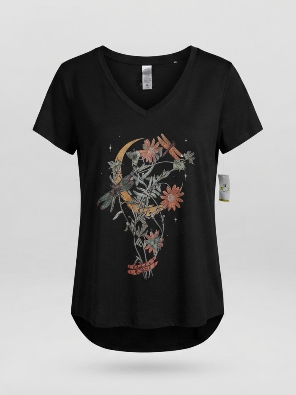 Fifth Sun Black V-Neck Tee with Floral Crescent Graphic women’s xl